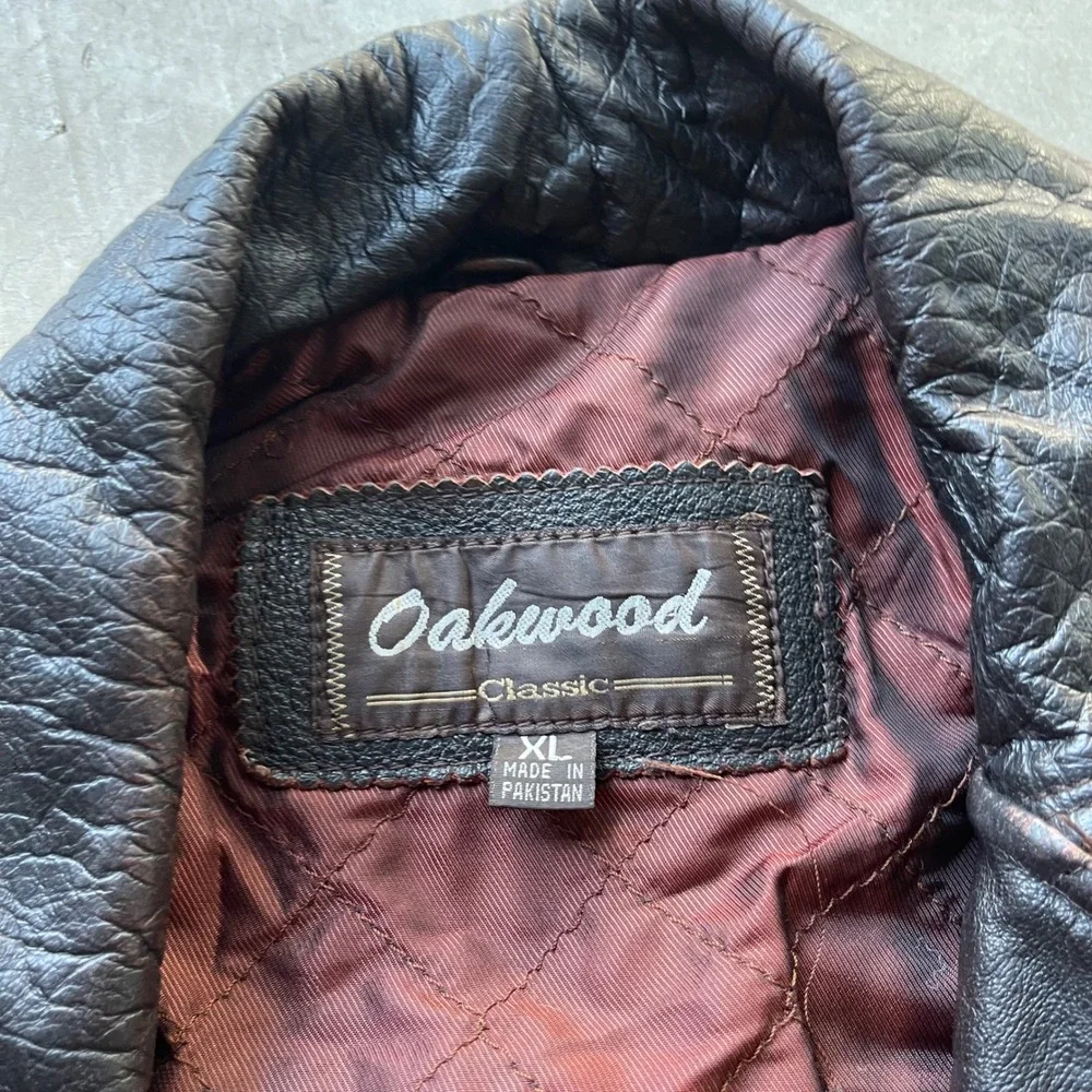 Oakwood Classic Mens XL Brown Leather Jacket Button Front Quilted Lined Car Coat
